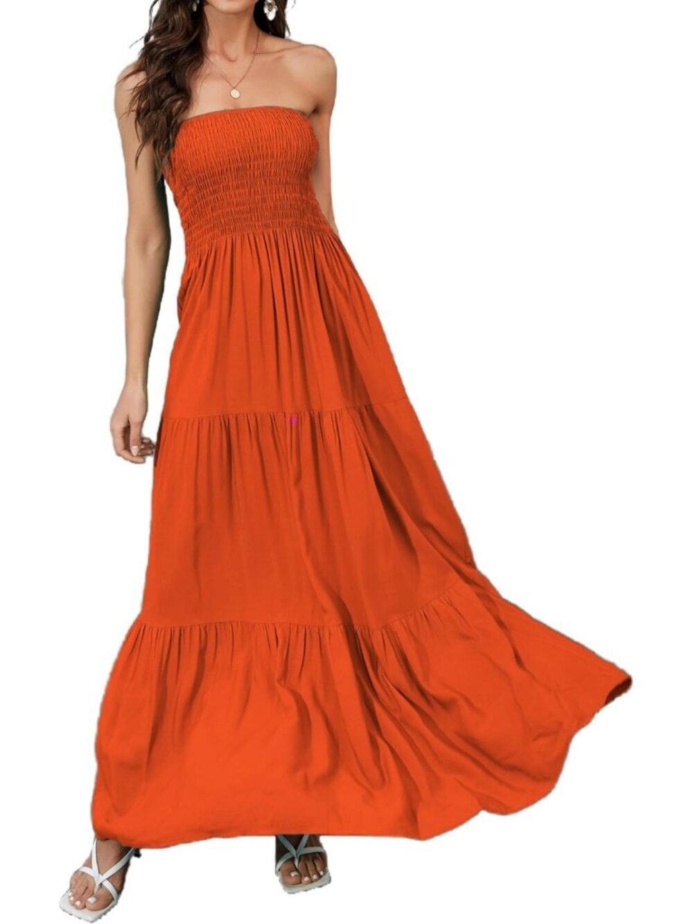 Women's Orange Carrat Strapless A Line Tube Top Backless Casual Sun Maxi Dress